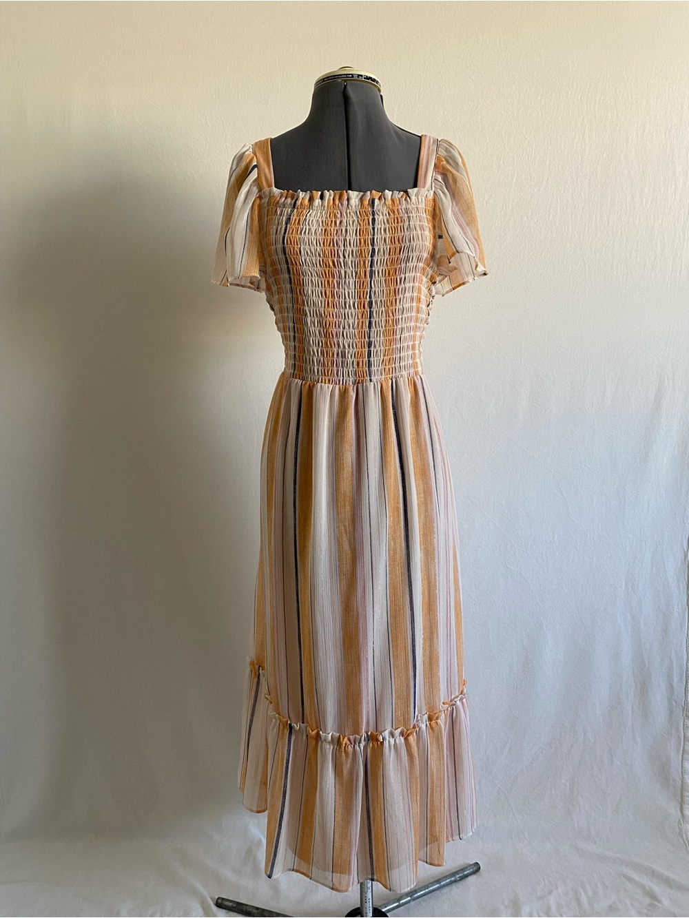 LC Lauren Conrad Peach, blue white Striped Smocked Maxi Dress size large
